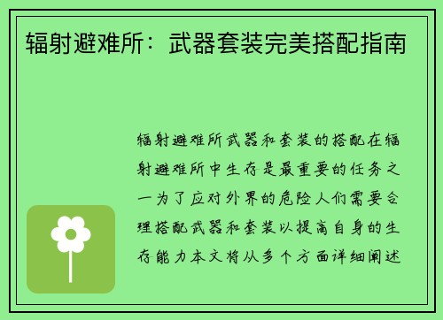 辐射避难所：武器套装完美搭配指南